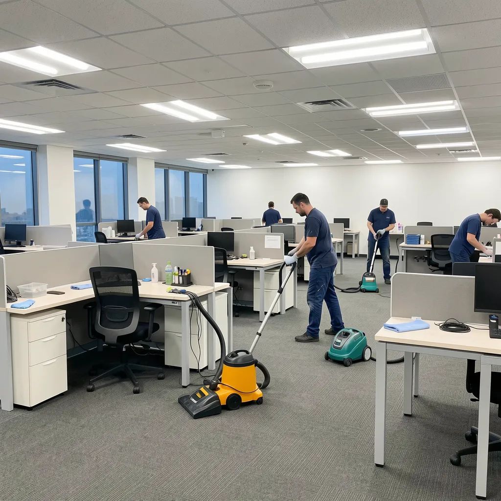 Cleaning staff working around desks in a large open office.