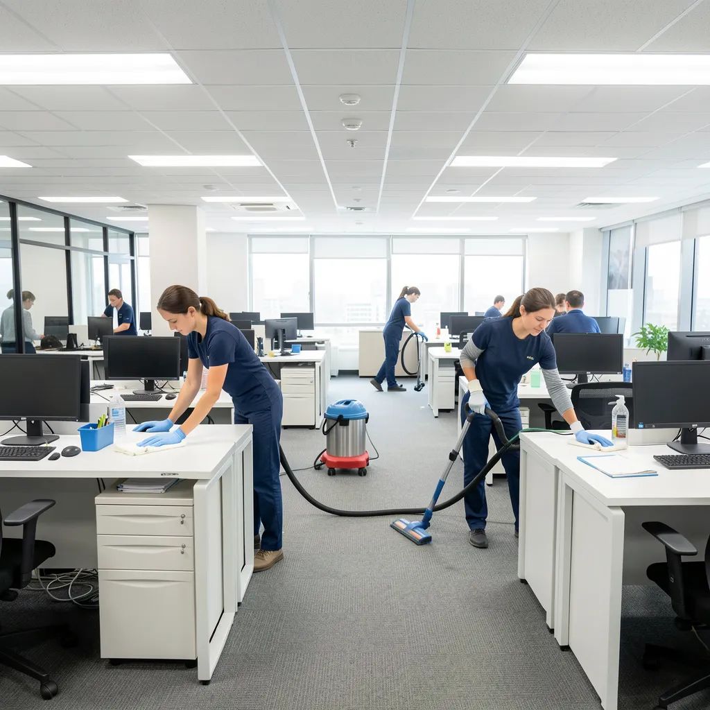 Office cleaners vacuuming and wiping desks in a bright open-plan workspace.