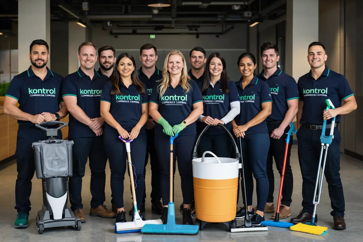 Group of commercial cleaning staff in navy uniforms posing with mops, vacuum, and bucket in a modern office interior.