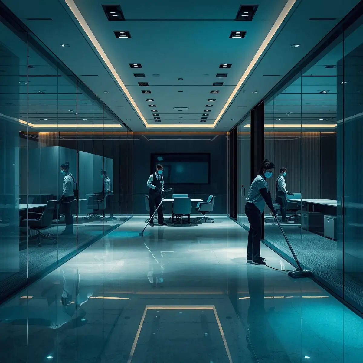 Professional cleaners deep cleaning and disinfecting a modern office at night, including desks, meeting room surfaces, and shared workspaces.