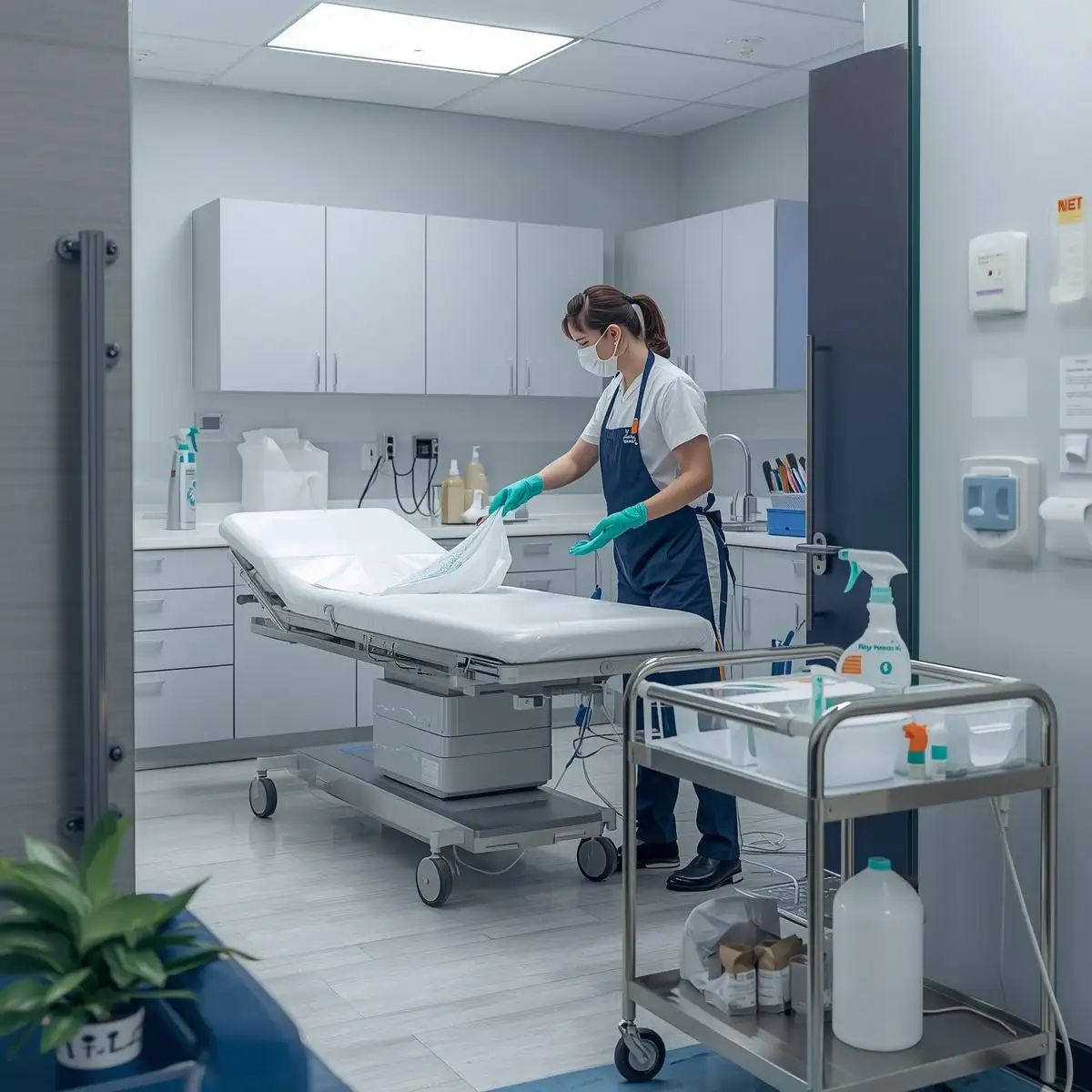 Professional medical cleaning in a modern treatment room with disinfected surfaces, equipment, and organised clinical storage.