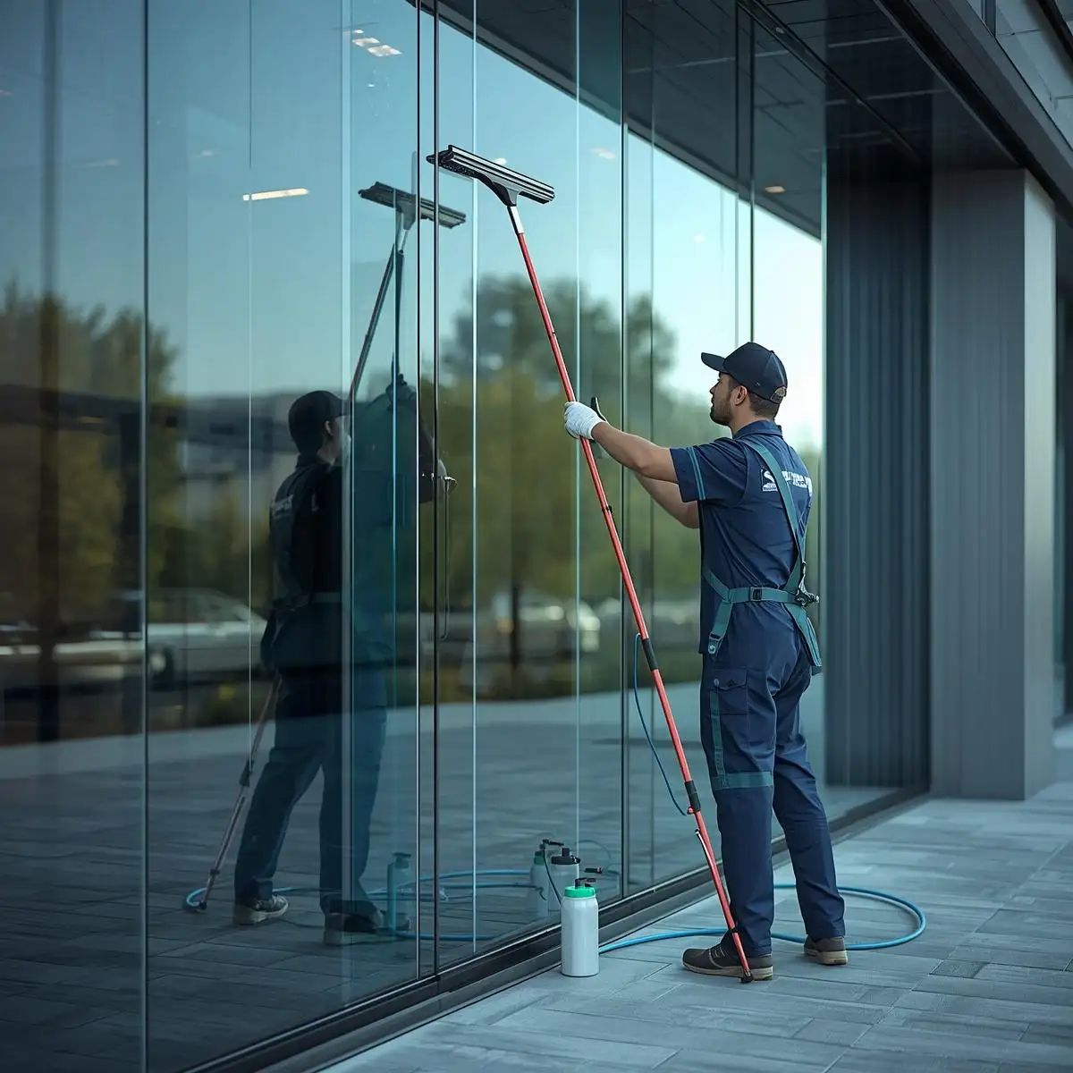 Professional cleaner polishing large exterior glass panels on a commercial building for a clear, polished finish.