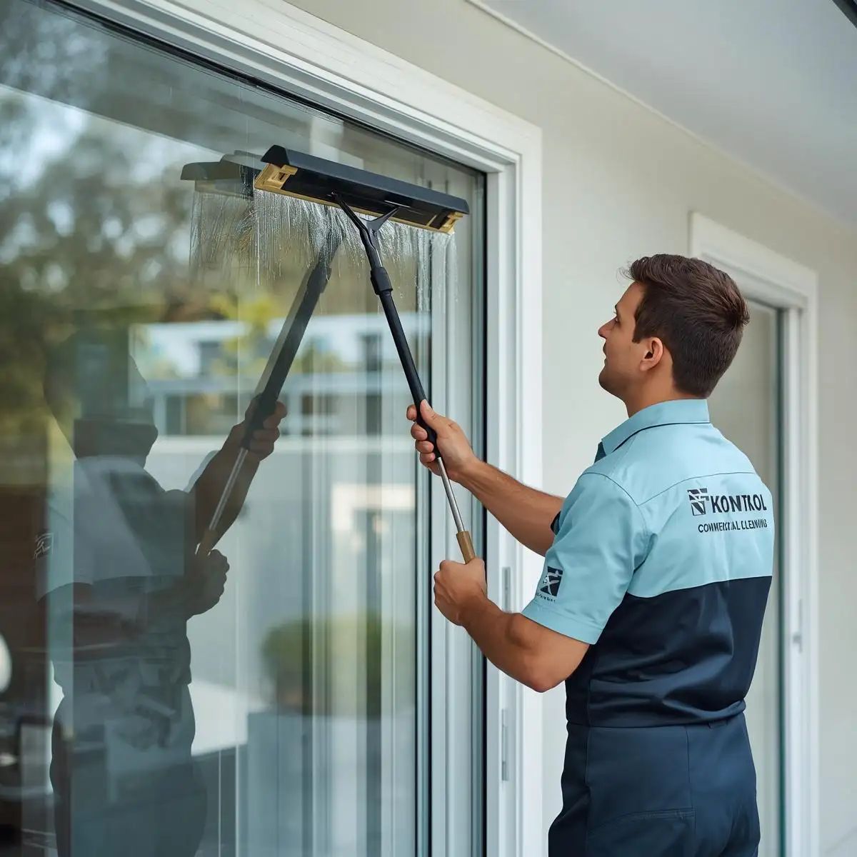 Technician cleaning a large home window with a squeegee, showing clear glass and a well-maintained exterior.