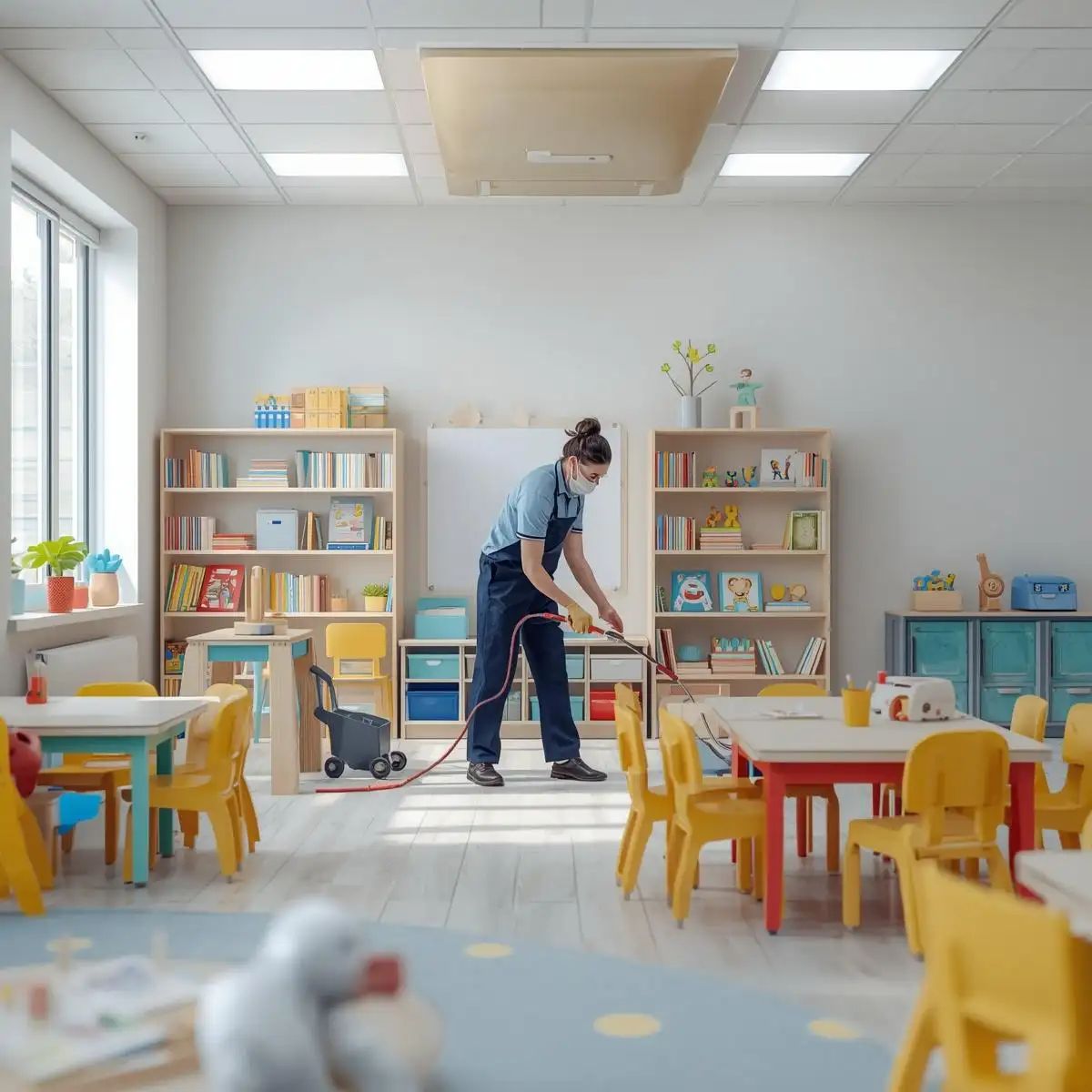 Specialist cleaner disinfecting toys, tables, and surfaces in a modern childcare centre classroom.