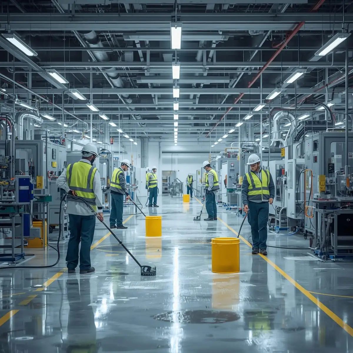 Professional factory cleaning with machinery, production floors, and industrial surfaces being cleaned for a safe workplace.