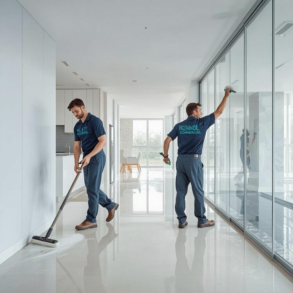 Professional post-construction cleaning in a modern home with dust removal, polished fixtures, and clean glass surfaces.