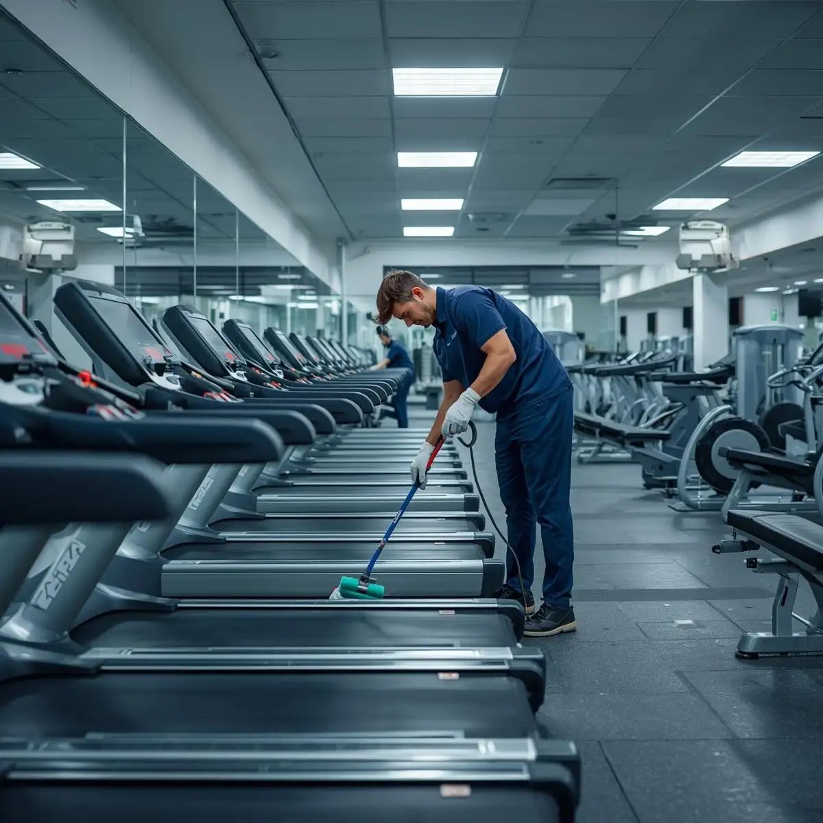 Professional gym cleaning with sanitised treadmills, benches, and weight machines in a clean fitness centre.