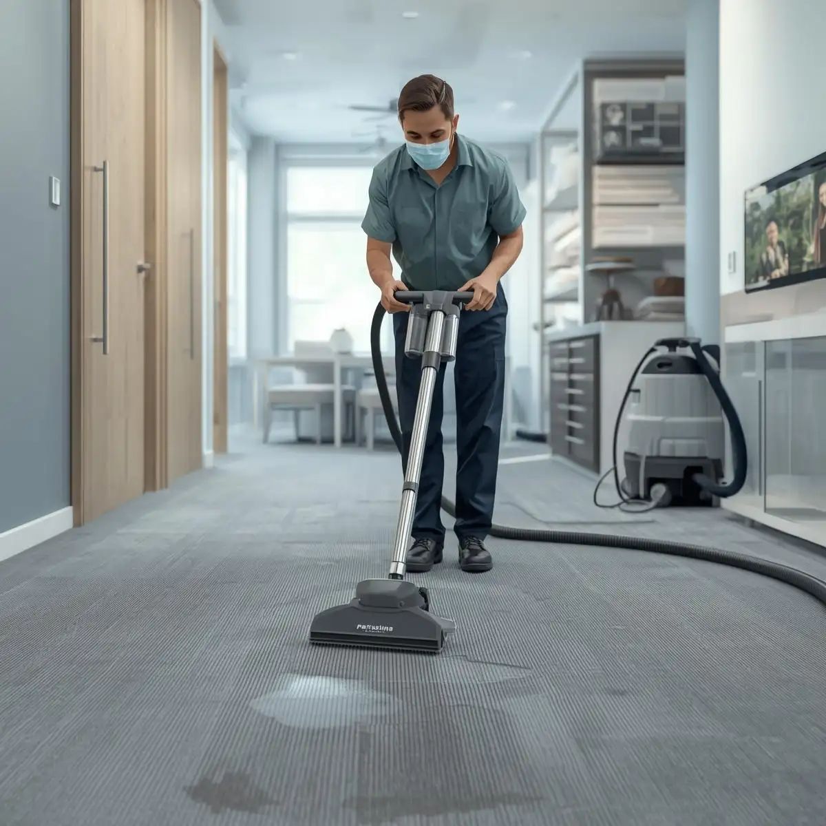 Professional carpet steam cleaning with hot water extraction and deep stain removal in a modern interior.