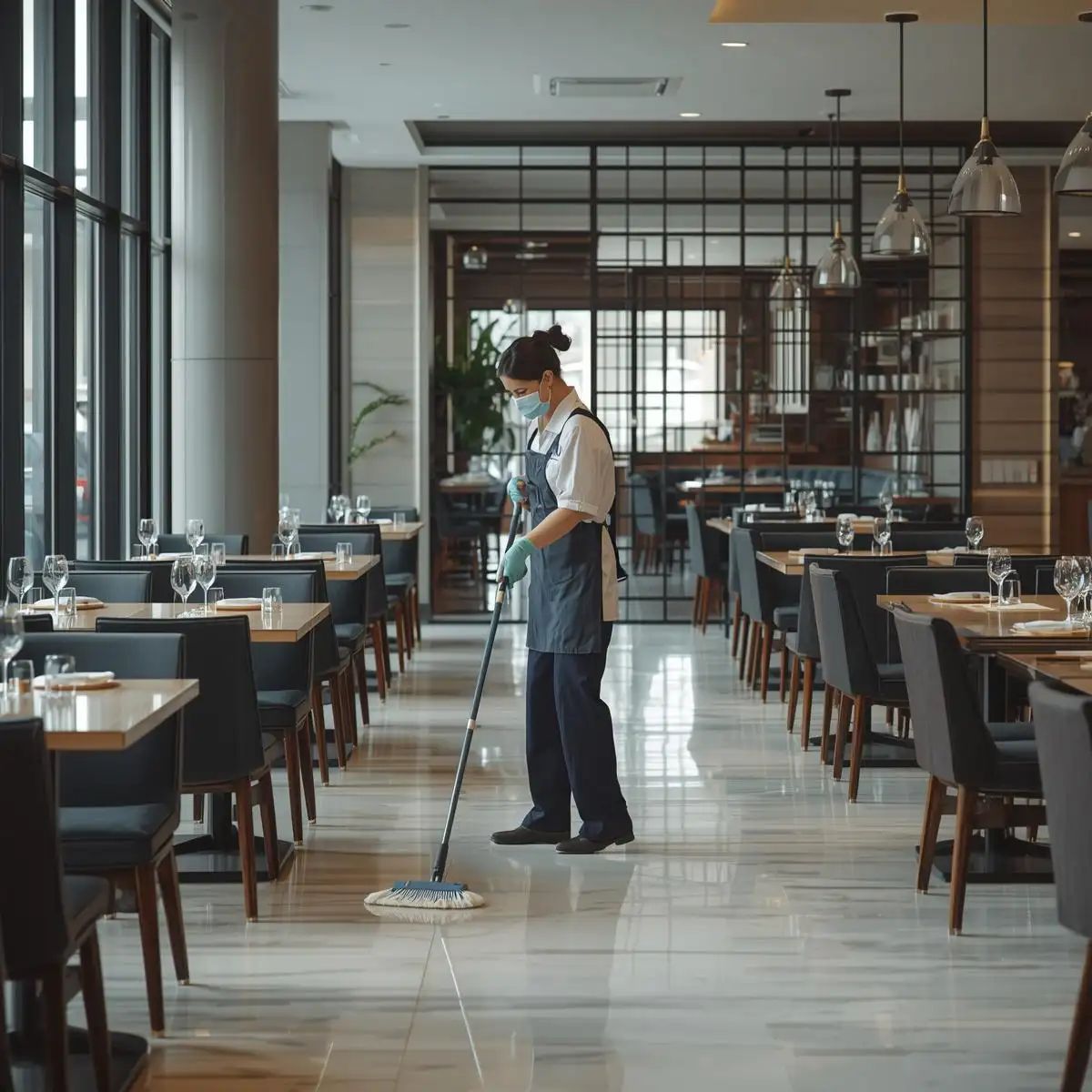 Professional dining area cleaning with sanitised tables, clean floors, and organised seating in a modern restaurant.