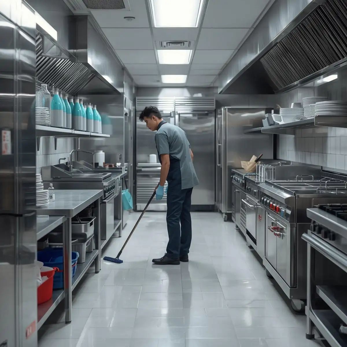 Professional commercial kitchen cleaning with sanitised prep surfaces, cooking equipment, and dishwashing areas in a clean restaurant kitchen.